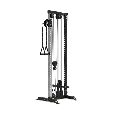A black and silver cable crossover machine with adjustable pulleys and dual handles, designed for strength training exercises.