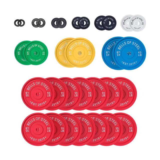 The Calibrated Powerlifting Plates - LB Sets by Bells of Steel feature color-coded plates: small black and white, medium green, yellow, and blue, and large red. Each plate is calibrated with standardized diameters and marked in pounds.