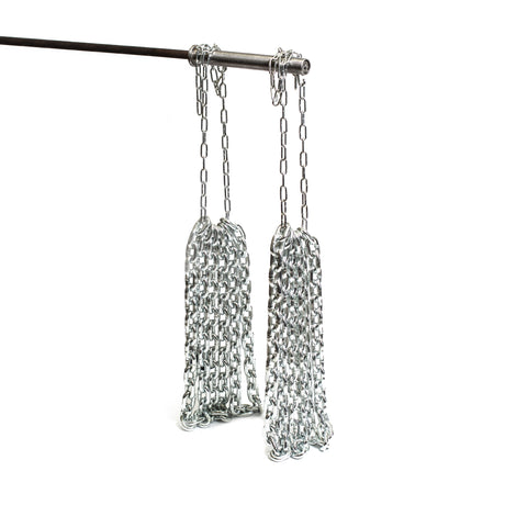 Two bunches of Bells of Steel Weightlifting Chain Sets hang in loops from a horizontal metal bar against a plain white background. The shiny, silver chains are both durable and stylish.