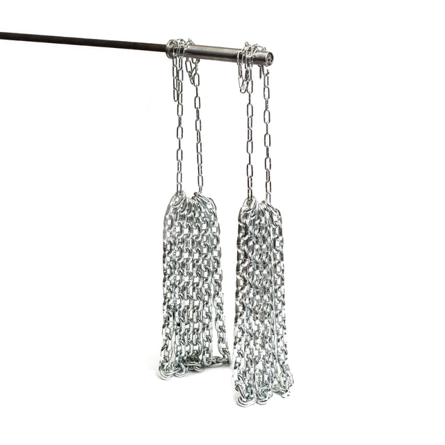 Two bunches of Bells of Steel Weightlifting Chain Sets hang in loops from a horizontal metal bar against a plain white background. The shiny, silver chains are both durable and stylish.