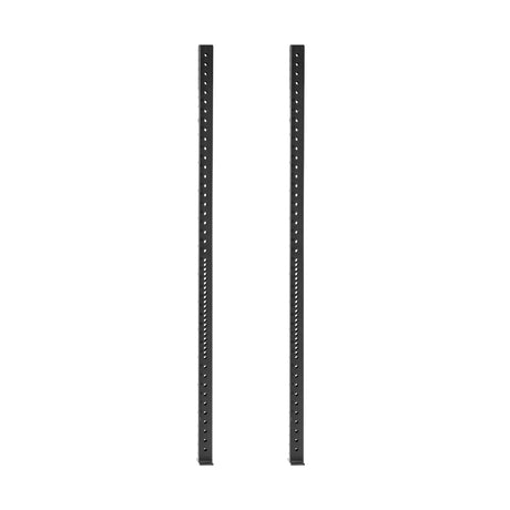 The Hydra Vertical Uprights by Bells of Steel consist of two black metal panels with evenly spaced holes, standing parallel against a white background, perfect for versatile rack attachments and demonstrating the robust functionality of a Hydra Rack system.