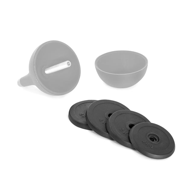 The 13KG Expansion Pack from Bells of Steel, featuring black weight plates arranged in a fan shape near a barbell sleeve and gray bowl, is perfect for versatile kettlebell training to effortlessly switch up routines.