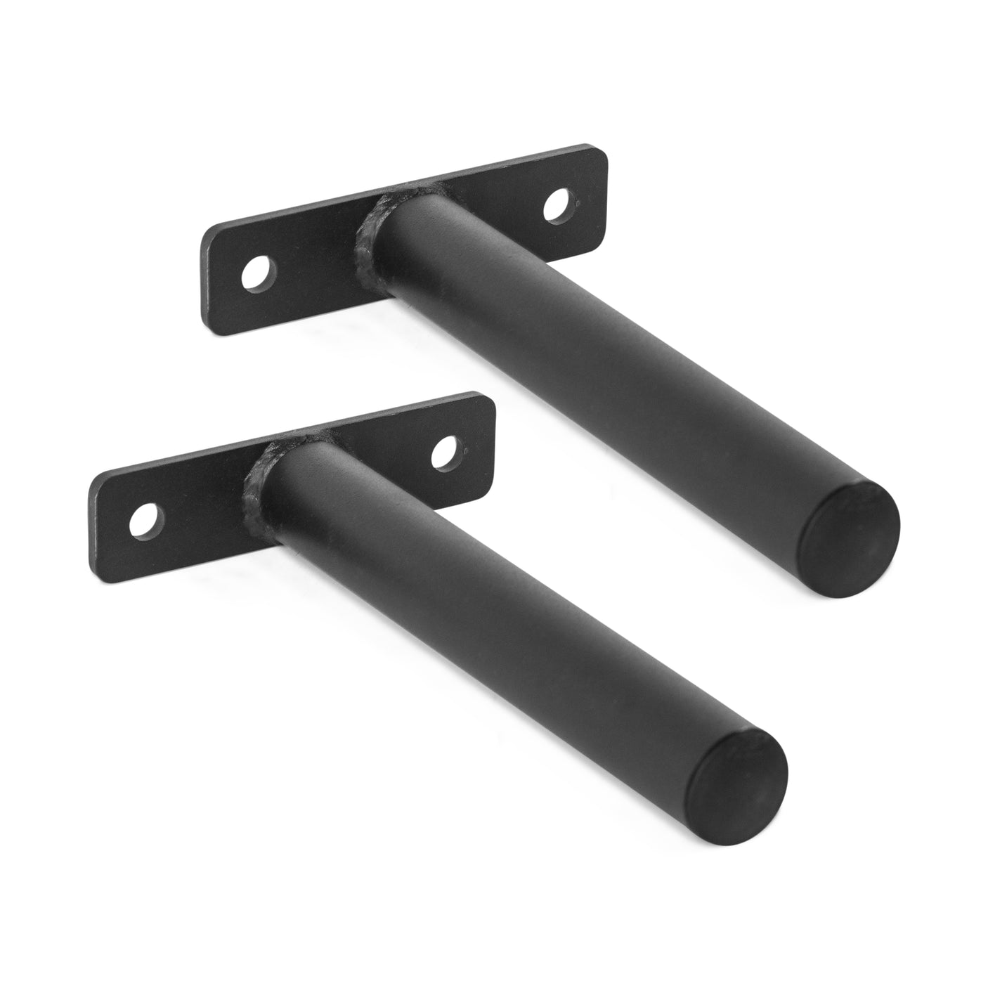 Organize your Olympic weight plates with Bells of Steel Bolt-On Plate Pegs—two black metal wall brackets with cylindrical rods and rectangular mounting plates featuring screw holes for secure installation in your power rack.