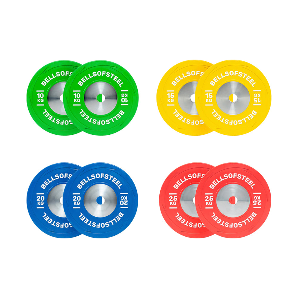 The Boltless KG Competition Bumper Plate Sets by Bells of Steel USA include four pairs of IWF-spec plates—green (10 kg), yellow (15 kg), blue (20 kg), and red (25 kg)—each with a metal center ring and “Bells of Steel” branding, ideal for Olympic weightlifting.
