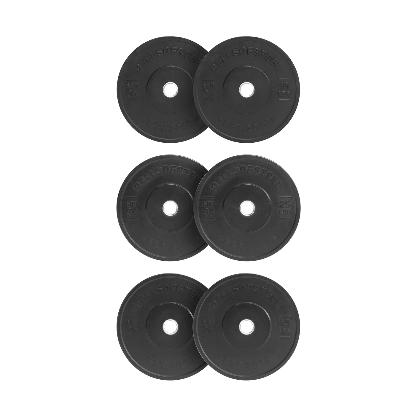 Six All-Black Bumper Plate Sets by Bells of Steel are arranged in three rows of two on a white background, each with a central hole and raised text showing weight and brand for safe, accurate workouts.