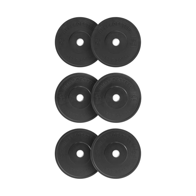 Six All-Black Bumper Plate Sets by Bells of Steel are arranged in three rows of two on a white background, each with a central hole and raised text showing weight and brand for safe, accurate workouts.