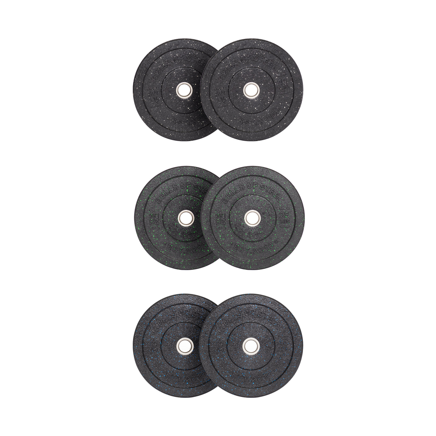 Three sets of Bells of Steel Crumb Bumper Plates are arranged vertically against a white background, each featuring two textured black circular plates with central metal inserts, designed for easy weight identification.