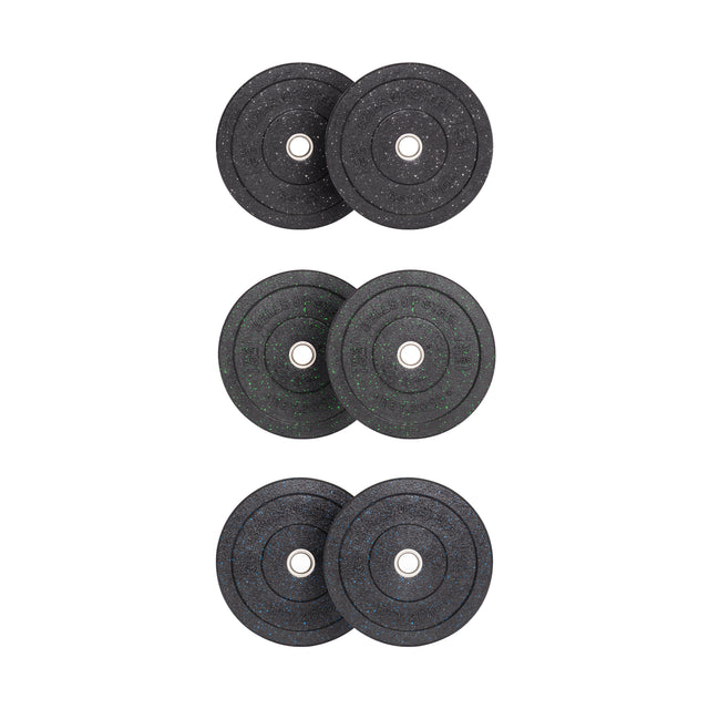 Three sets of Bells of Steel Crumb Bumper Plates are arranged vertically against a white background, each featuring two textured black circular plates with central metal inserts, designed for easy weight identification.