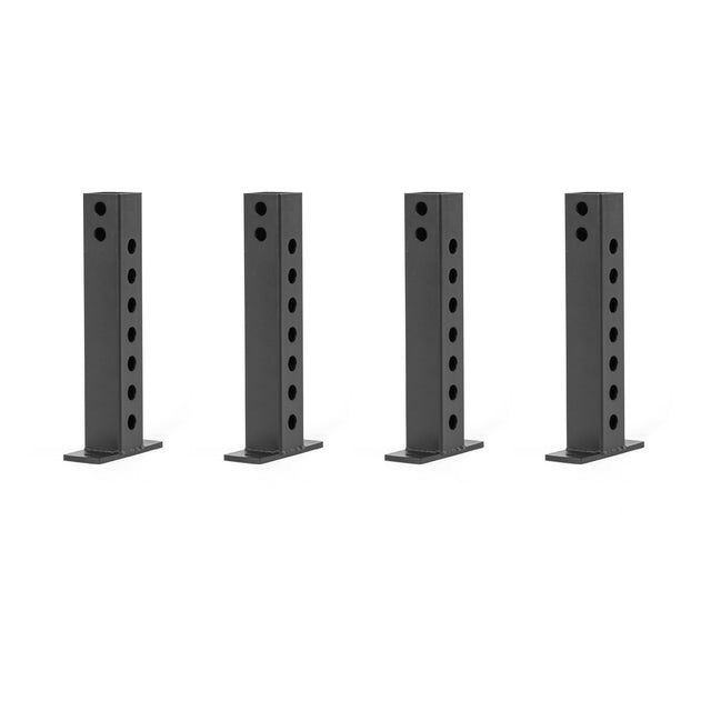 The Bells of Steel Folding Rack Wall Connectors & Hinges feature four upright black metal posts, each with multiple evenly spaced circular holes on a small base. These sturdy structures are perfect for enhancing your folding rack's reliability and are isolated against a pristine white backdrop.