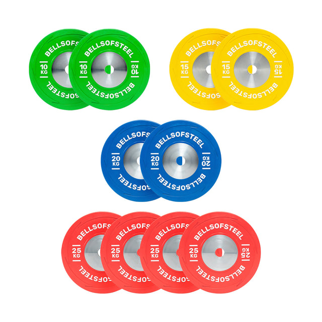 The Bells of Steel USA Boltless KG Competition Bumper Plate Sets—green (10kg), yellow (15kg), blue (20kg), and red (25kg)—meet IWF specs and are shown on a white background, perfect for Olympic weightlifting.