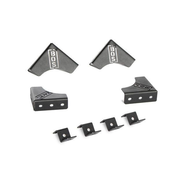 A set of lightweight black metal corner brackets, ground tabs, and fasteners branded "Bells of Steel," ideal for structural support. Displayed on a white background, they offer various angles and sizes, perfect for creating a sturdy setup in any assembly project.