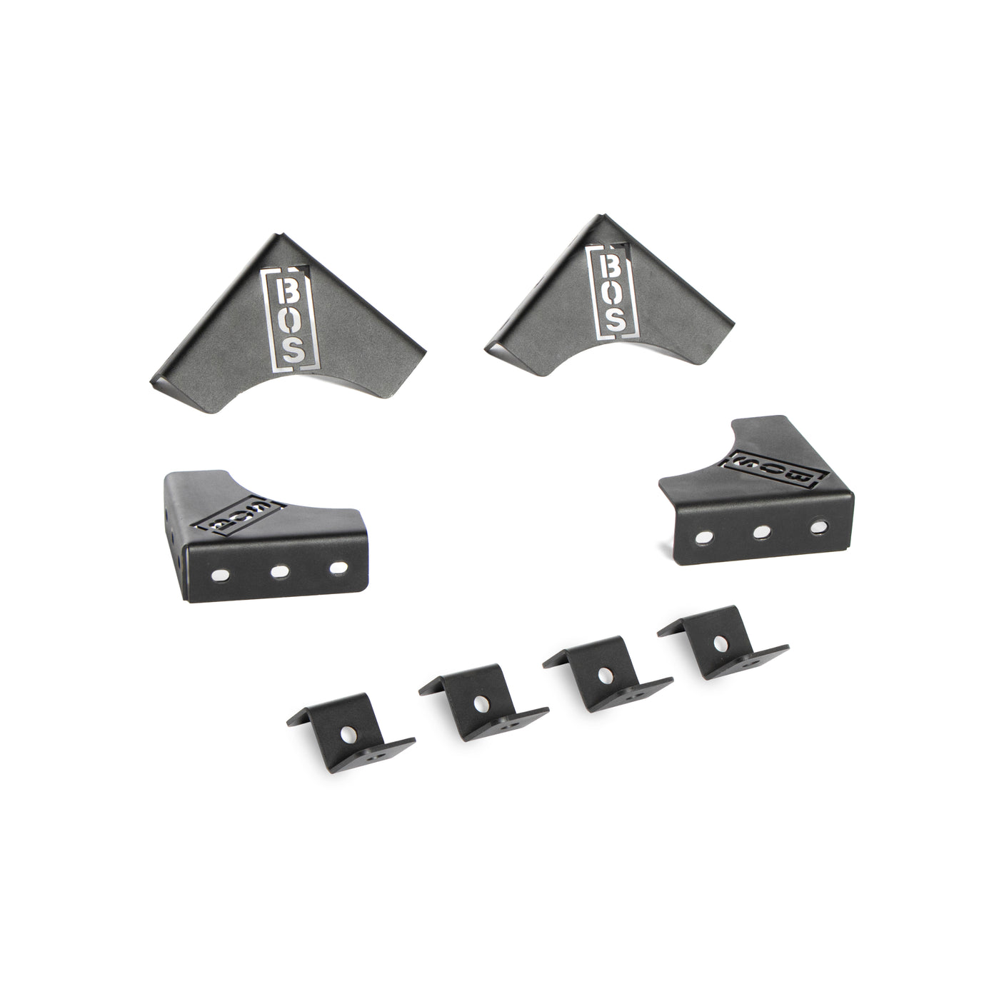 The Bells of Steel 1 Layer Deadlift Platform Hardware set includes eight black metal brackets—two L-shaped with "BOS" logos, two angled pieces, and four rectangular clips—ideal for modular platform setup.