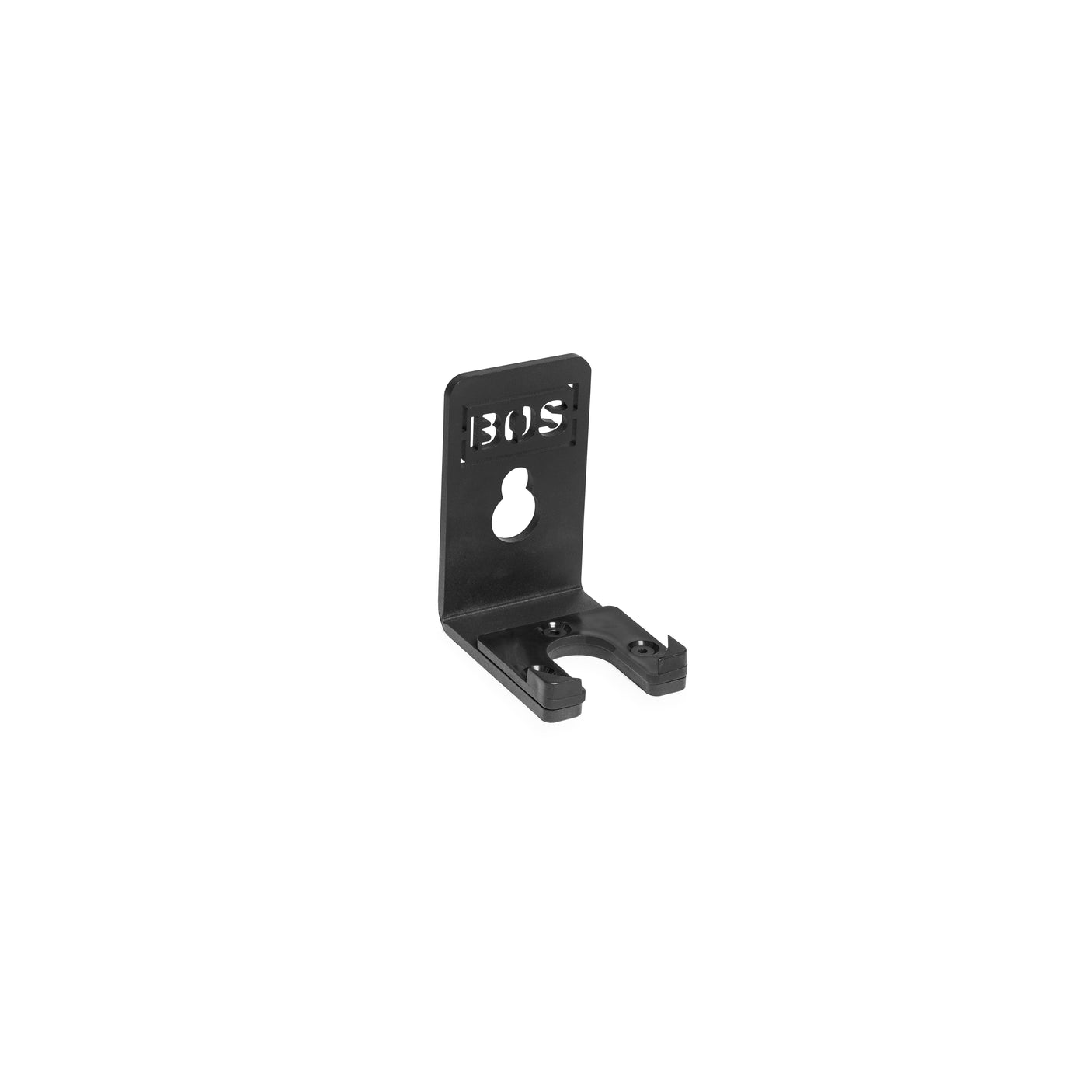 The Bells of Steel Hanging Barbell Holders are small black metal wall brackets with “BOS” cutouts, keyhole slots for mounting, and U-shaped bases—perfect for convenient and secure barbell storage.