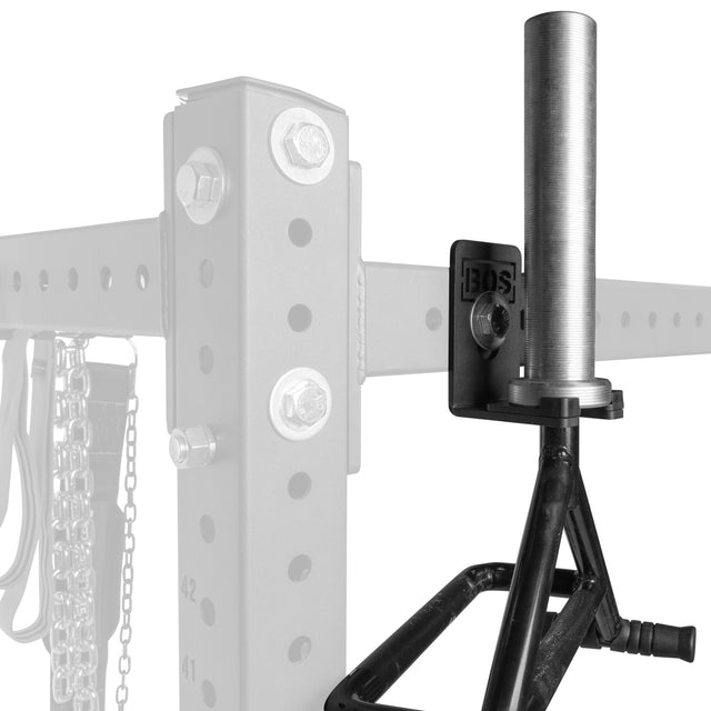 Close-up of the Bells of Steel Hanging Barbell Holders mounted on a black steel gym rack, with the rack in grayscale and the holders in full color to highlight their attachment point.
