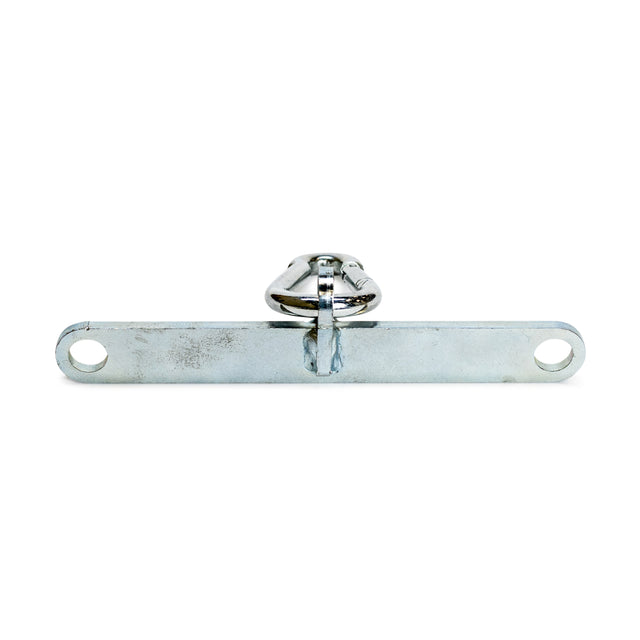 The Bells of Steel 2 to 1 Cable Attachment Adapter features a metal latch plate with two holes on each end and a central raised latch, shown against a white background—compatible with Bells of Steel cable tower systems.