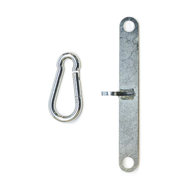 The Bells of Steel 2 to 1 Cable Attachment Adapter, featuring a metal carabiner and flat latch plate with two holes and protruding hook, is shown on a white background—perfect for your Cable Tower.