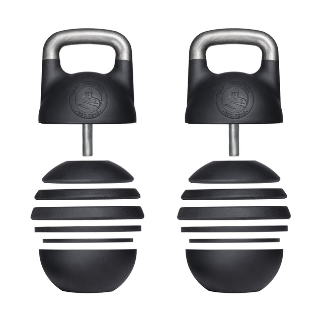The Bells of Steel Adjustable Competition Kettlebell comes in black with a unique design featuring top and bottom views, a metallic handle, and detachable weighted rings for precision weight adjustment akin to competition kettlebells.