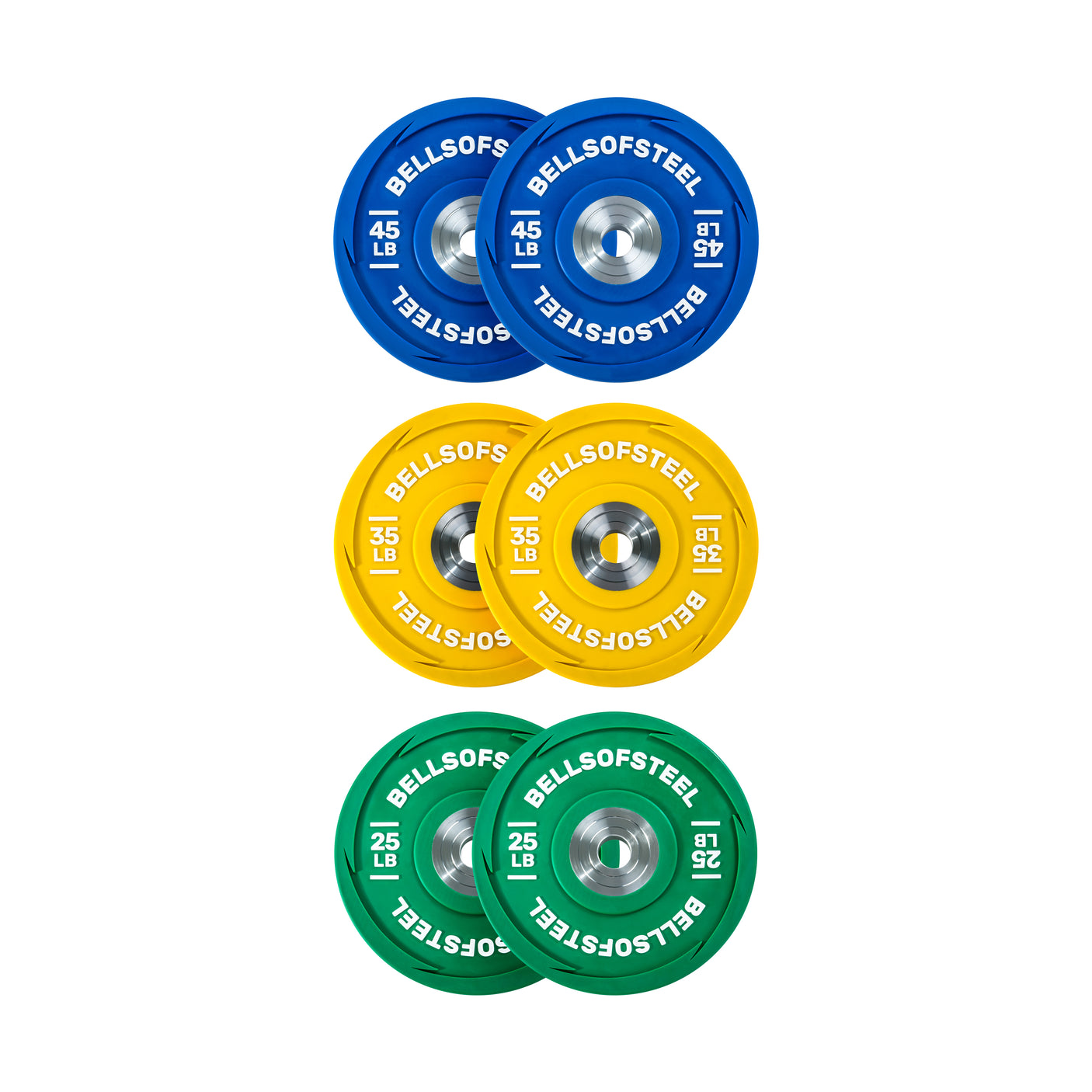Image of six Bells of Steel Urethane Bumper Plates arranged in two vertical columns: blue (45 lb) at the top, yellow (35 lb) in the middle, and green (25 lb) at the bottom.