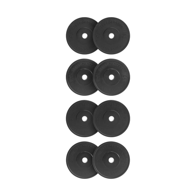 Eight Bells of Steel All-Black Bumper Plate Sets, arranged in four pairs on a white background. Each plate features a central hole and raised text around the edge, ensuring accurate weight for safe lifting.