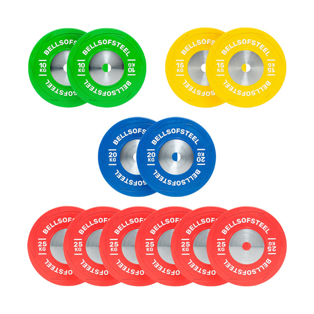 The Boltless KG Competition Bumper Plate Sets by Bells of Steel USA include four pairs each of green (10 kg), yellow (15 kg), and blue (20 kg) plates, plus six pairs of red (25 kg)—all IWF-spec and clearly marked with weights and branding.