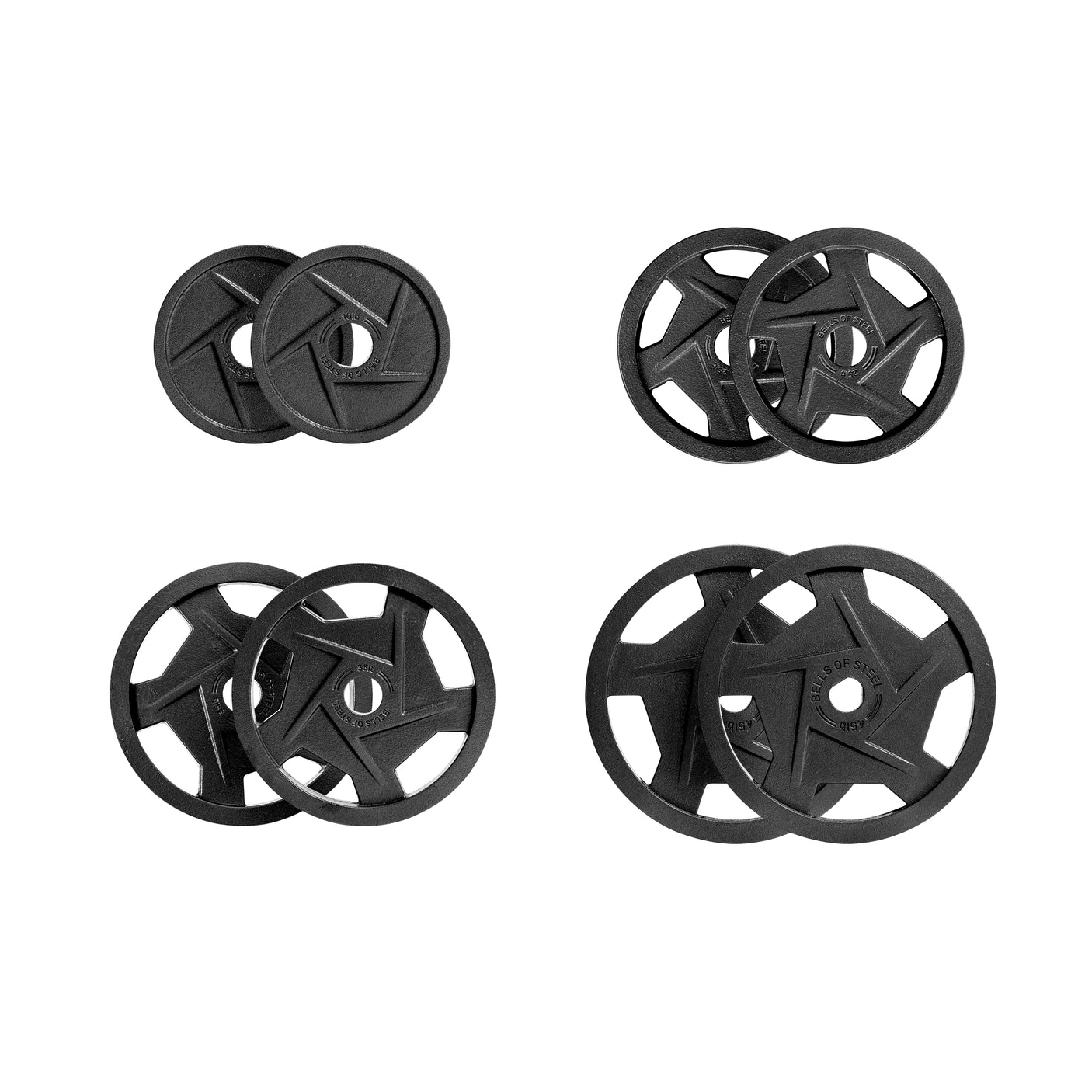 Four Black Mighty Grip Olympic Weight Plate Sets by Bells of Steel are displayed against a white background. Each set includes two ergonomically designed plates with central barbell openings, arranged in pairs for stability and easy handling.