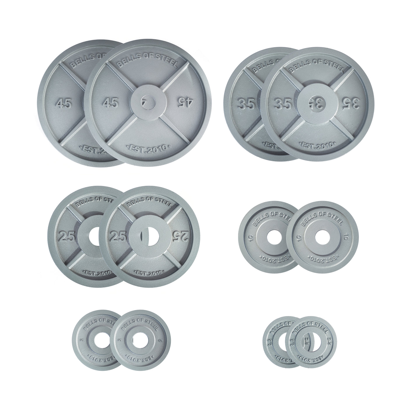 The Bells of Steel Machined Iron Olympic Weight Plate Sets feature paired iron plates in 45, 35, 25, 10, 5, and 2.5 lb sizes for precision hole fit and easy weight identification, arranged on a white background.