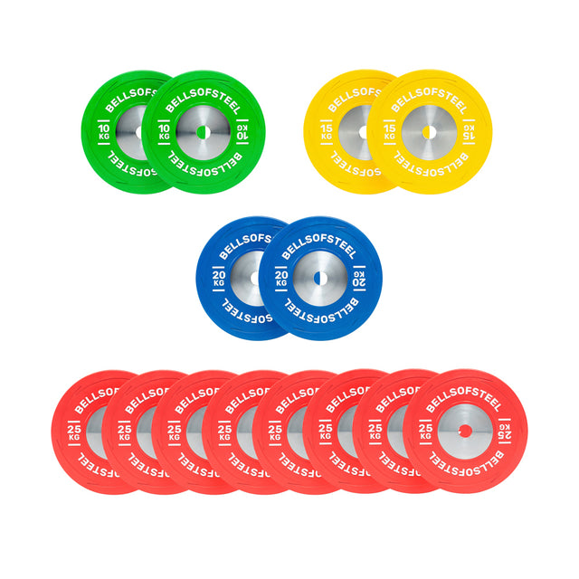 Boltless KG Competition Bumper Plate Sets by Bells of Steel USA arranged by color: 2 green, 2 yellow, 2 blue, and 6 red calibrated plates. Each features "BELLS OF STEEL" and "1.25 KG"—ideal for Olympic weightlifting.