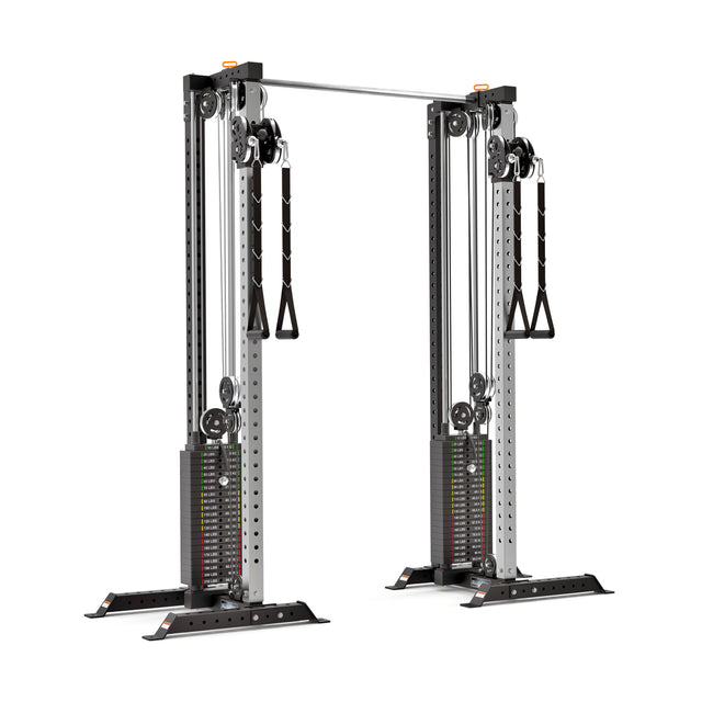 The Bells of Steel Cable Tower Squat Stands are perfect for a home gym, featuring a robust metal framework with dual adjustable pulleys, two weight stacks, and a central pull-up bar at the top, making it ideal for strength training exercises.