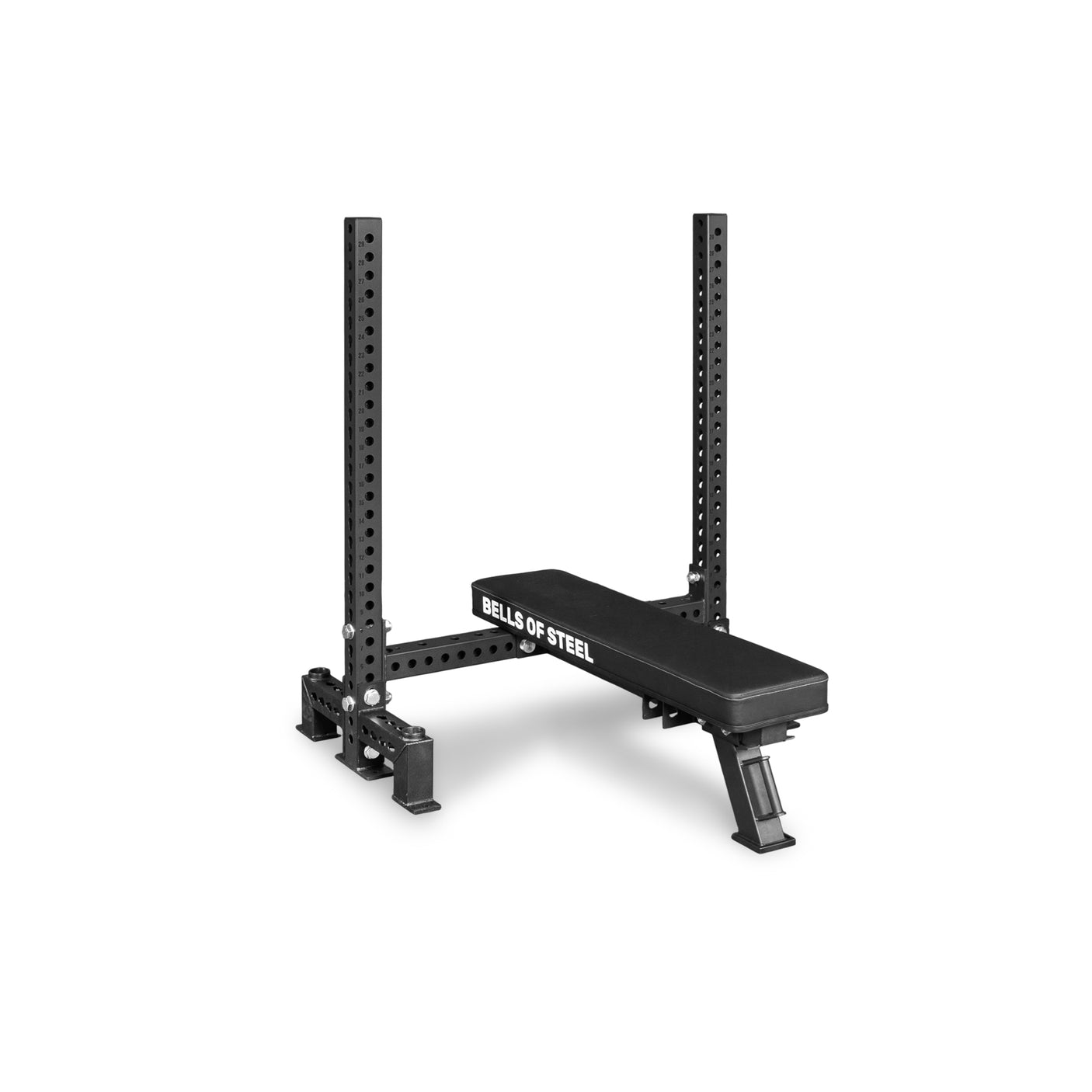 The Manticore Two Post Converter Bench by Bells of Steel USA is a black adjustable weight bench station with a rack, padded seat, and sturdy metal frame featuring multiple adjustment holes for versatile bench press workouts.