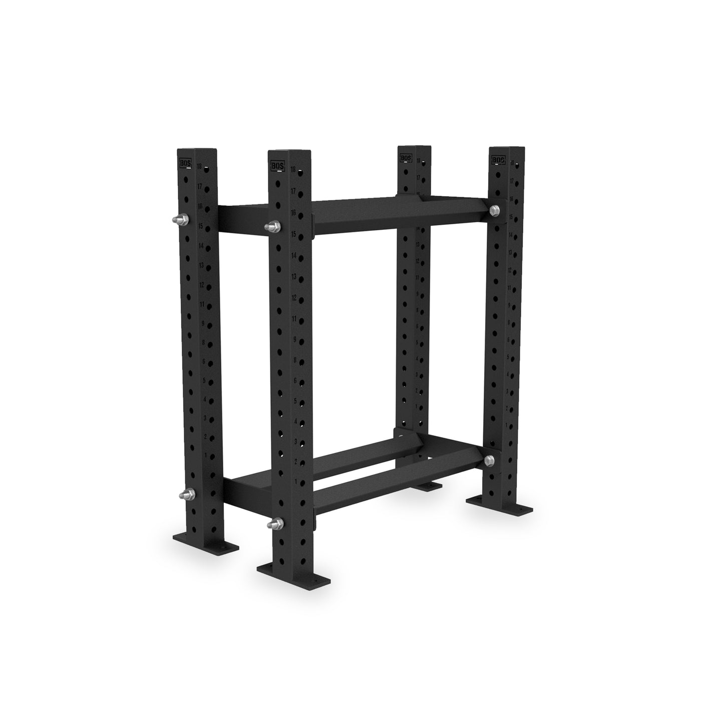 A Bells of Steel USA Prebuilt Bumper Plate Storage unit in black steel, rectangular in shape with multiple bolt holes for adjustability and integrated bumper plate storage, displayed on a white background.