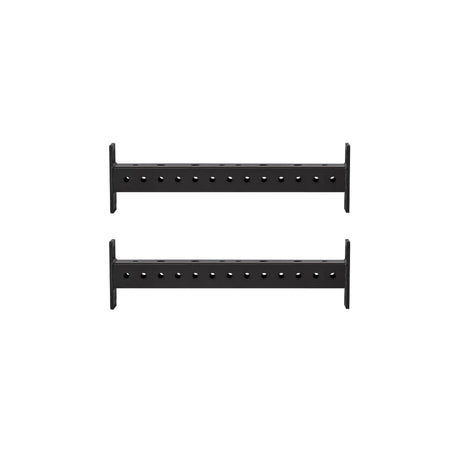 Two black metal Hydra Crossmembers from Bells of Steel, each featuring rows of evenly spaced holes, are positioned parallel to each other on a white background.