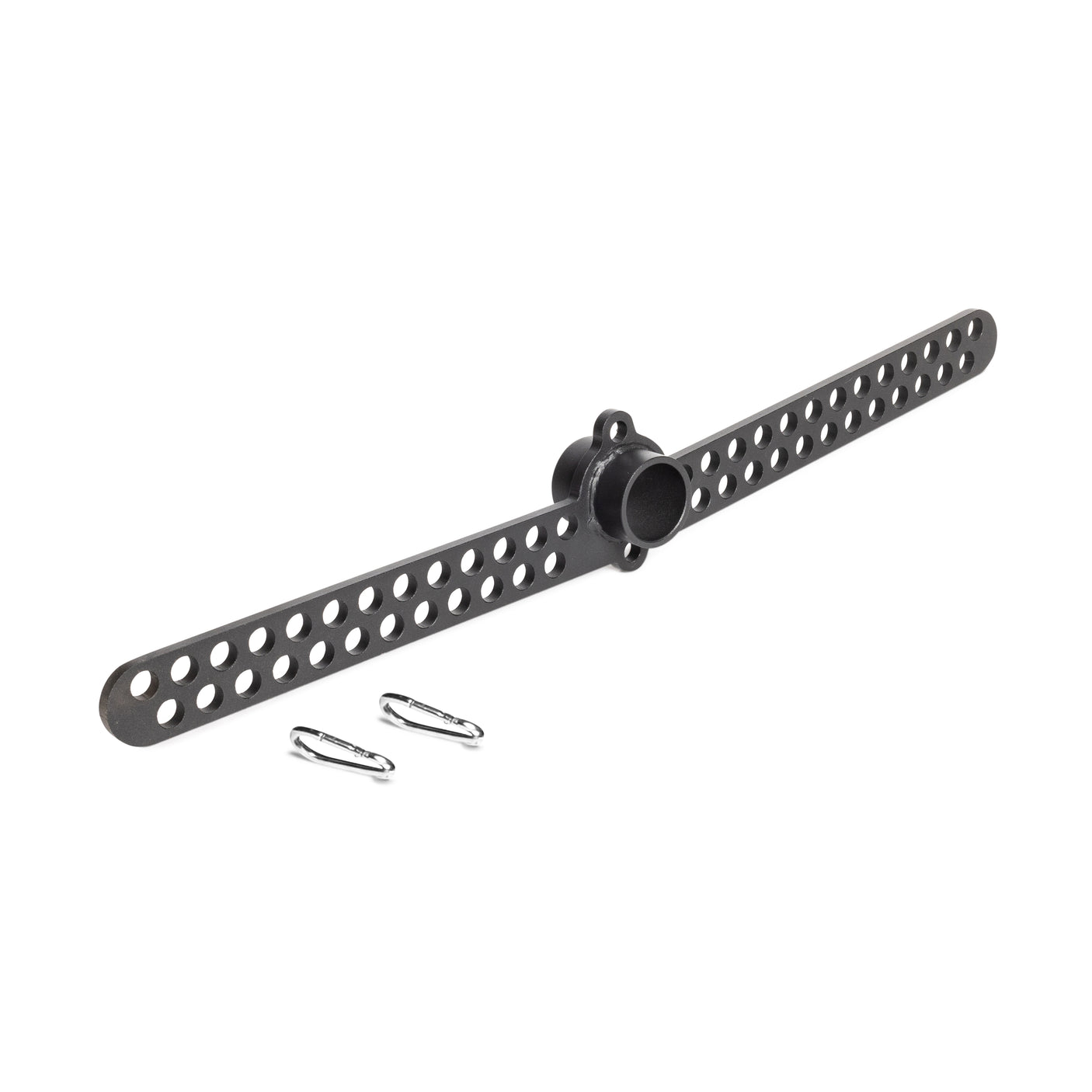 The Bells of Steel 30 D-Handle Bar Cable Attachment with Carabiners, a black perforated handle with a central cylindrical attachment and two metal clips, is shown on a white background.