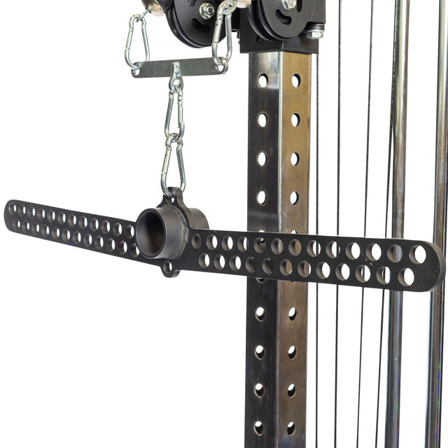 The Bells of Steel 30 D-Handle Bar Cable Attachment with Carabiners is shown hanging from a cable pulley system on a tall frame, paired with adjustable nylon handles for versatile workouts.