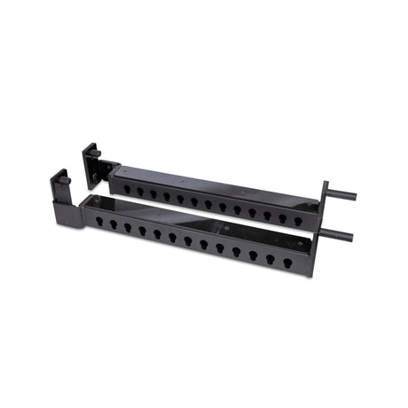 Two black metal Bells of Steel Flip-Down Safeties for power racks, featuring multiple height adjustments, are shown side by side on a white background—perfect for boosting training safety.