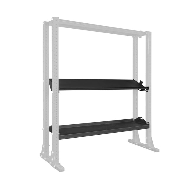 The Bells of Steel USA Storage Shelves feature a metal frame in faded gray and two black angled shelves at the center, with the dark trays prominently highlighted against the lighter structure.