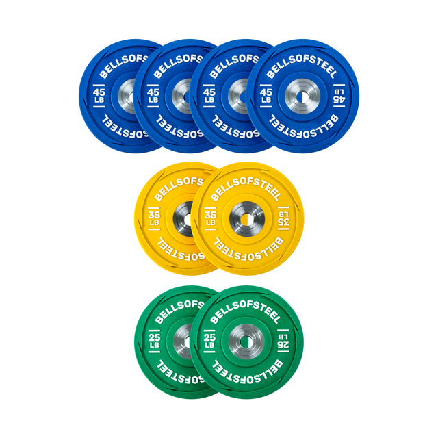 Seven urethane bumper plates from Bells of Steel are displayed on a white background: three blue 45 lb, two yellow 35 lb, and two green 25 lb plates. Ideal for Olympic weightlifting, each plate features the brand name "Bells of Steel" around the center.