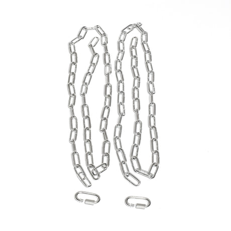Two Bells of Steel Weightlifting Chains with large oval rust-resistant links lie parallel on a white background, with two matching metal chain links below—perfect for progressive resistance training.