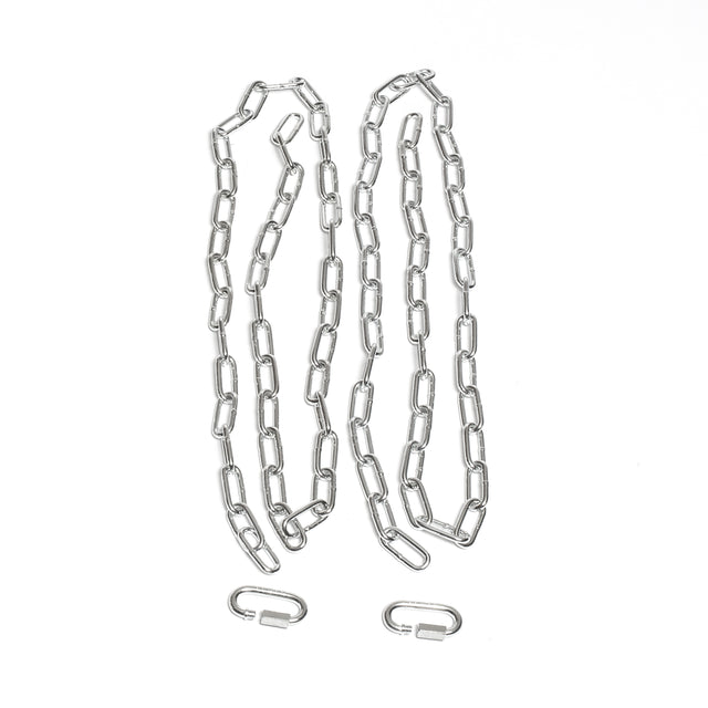 Two Bells of Steel Weightlifting Chains with large oval rust-resistant links lie parallel on a white background, with two matching metal chain links below—perfect for progressive resistance training.
