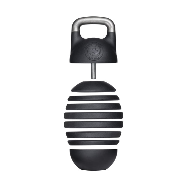 The Bells of Steel Adjustable Competition Kettlebell features a black and silver segmented design with a top handle and branded logo, ideal for kettlebell training enthusiasts or competition-style workouts.