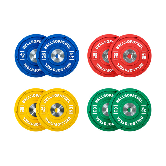 A grid of four Bells of Steel urethane bumper plate sets: top left are blue 45 lbs, top right are red 35 lbs, bottom left are yellow 45 lbs, and bottom right are green 25 lbs. Ideal for Olympic weightlifting training.