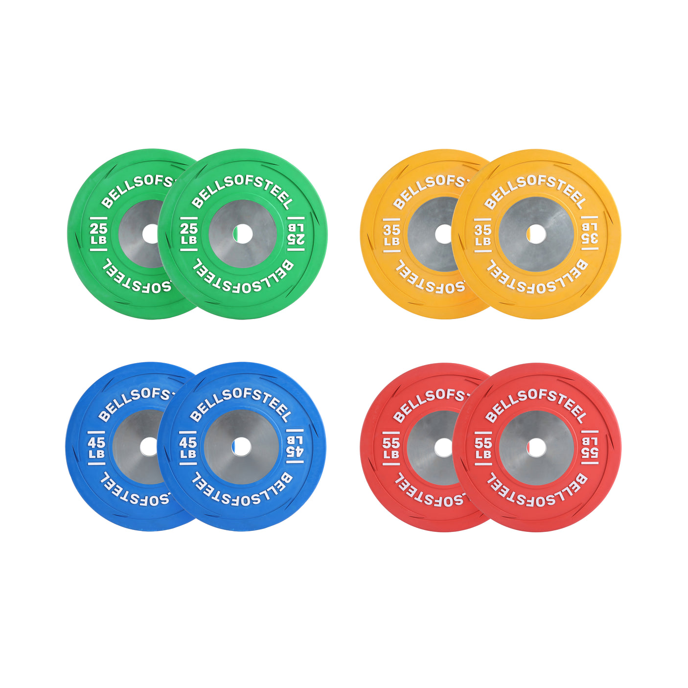Four pairs of Boltless LB Competition Bumper Plates by Bells of Steel USA—green 25lb, yellow 35lb, blue 45lb, and red 55lb—are arranged in a grid on a white background for Olympic lifting.