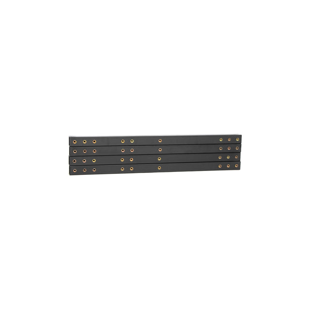 The Bells of Steel Deadlift Platform 95 (38) cm tube set includes four black metal bars, each with evenly spaced circular holes. They are designed for horizontal stacking, making them ideal for lifting platforms or structural applications.