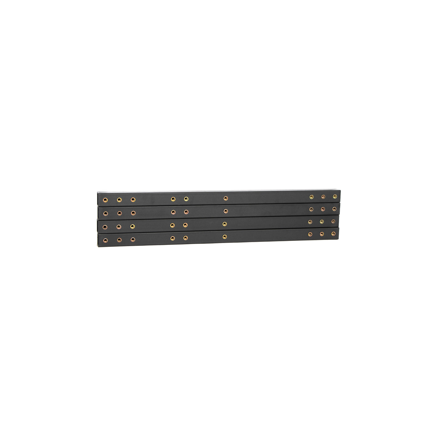 Four Bells of Steel Deadlift Platform 95 (38) cm tubes are stacked horizontally against a white background, featuring evenly spaced brass-colored holes for reliable support in lifting platforms or similar structures.