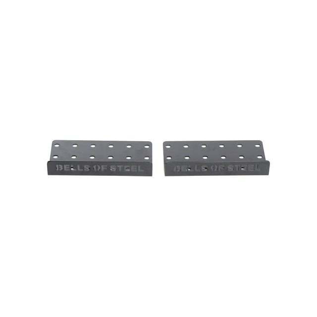 Two flat, rectangular metal plates with holes, branded "Bells of Steel," are part of the Deadlift Platform Three Layer Centre Connection + hardware, promising stability for lifting on a white background.