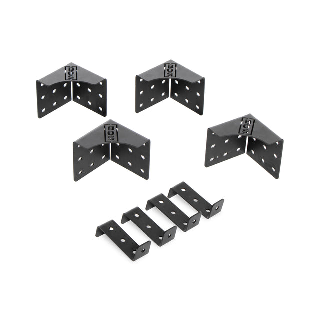 The "3 Layer Deadlift Platform Hardware" by Bells of Steel includes black metal corner supports and straight brackets with ground tabs. Designed for structural support, the hardware features multiple screw holes on a white background with attachment holes arranged in a single row.