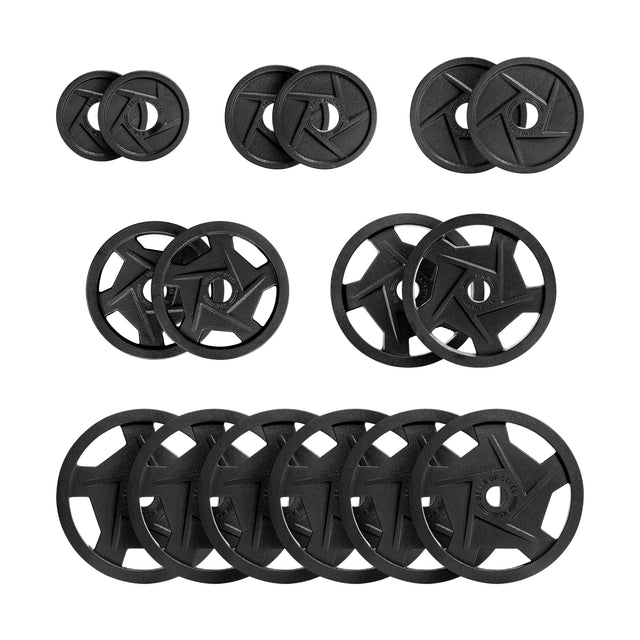 Bells of Steel's Black Mighty Grip Olympic Weight Plate Sets showcase a wheel-like design with precision grip handles and cut-outs. The plates are ergonomically arranged in rows from smallest to largest.