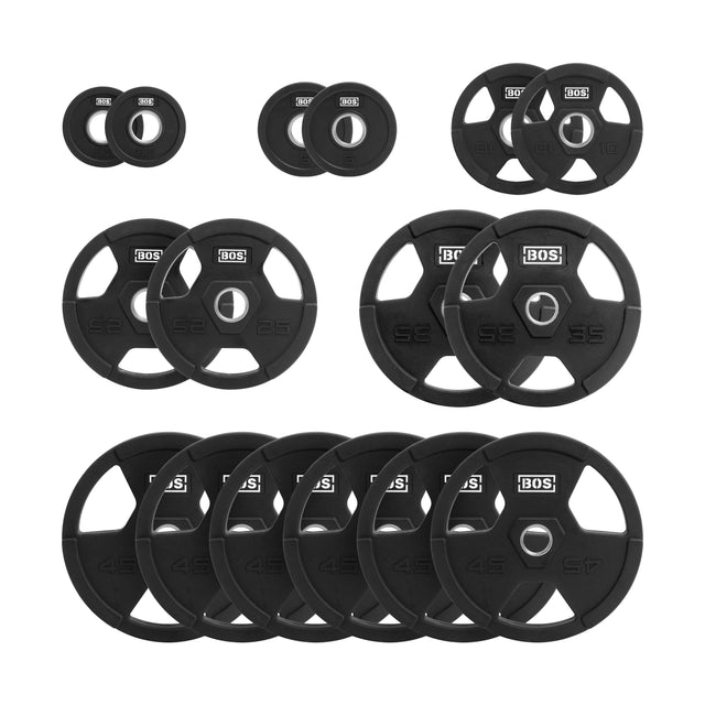A set of black Rubber Coated Iron Weight Plate Sets by Bells of Steel, featuring ergonomic handles and durable rubber coating, arranged in rows. The round plates have clear weight markings with smaller ones at the top and larger ones at the bottom.