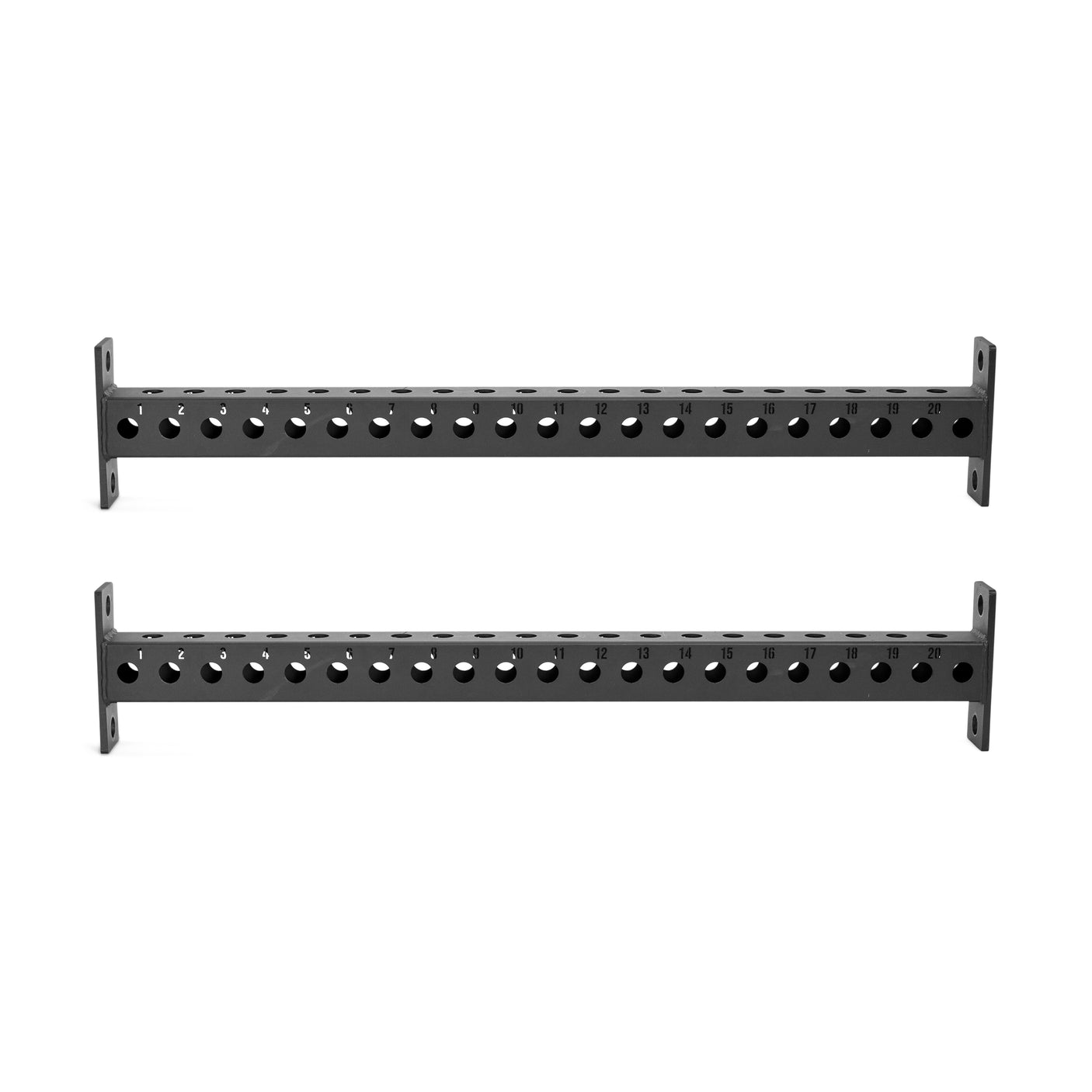 The Bells of Steel Manticore Crossmembers are black metal bars with evenly spaced holes and mounting plates, perfect for connecting Manticore Rack uprights or adding attachments—shown here against a white background.