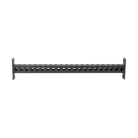 A black Bells of Steel Manticore Crossmembers rackmount panel featuring multiple evenly spaced circular holes, ideal for organizing and managing cables or connectors in a server or network rack.