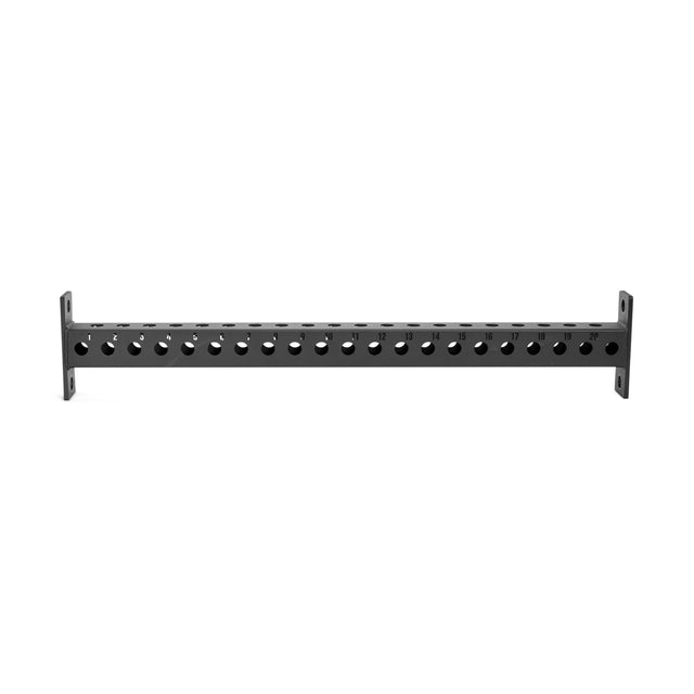A black Bells of Steel Manticore Crossmembers rackmount panel featuring multiple evenly spaced circular holes, ideal for organizing and managing cables or connectors in a server or network rack.